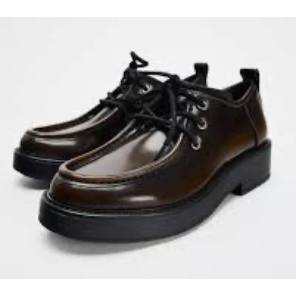 New Zara Brown Leather Chunky Platform Loafers Lace Up Lug Sole Shoes Sz 38/US 8